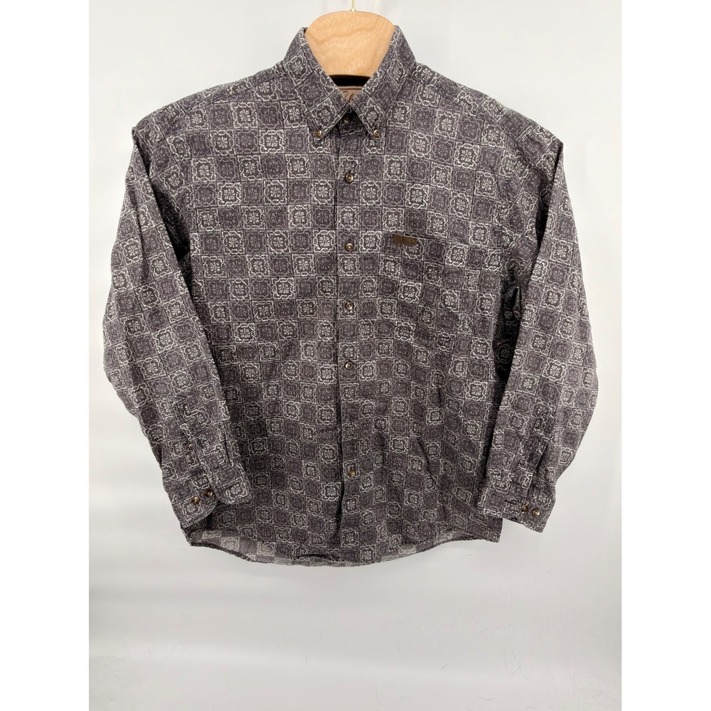 Woolrich Button Up Shirt Mens Large Gray Geometric Medallion Long Sleeve Cotton